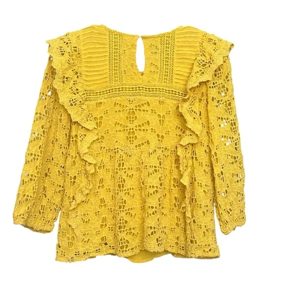 Anthropologie Clementine Peasant Blouse SZ 6 Yellow Eyelet Ruffles Boho Hipster - Picture 4 of 11